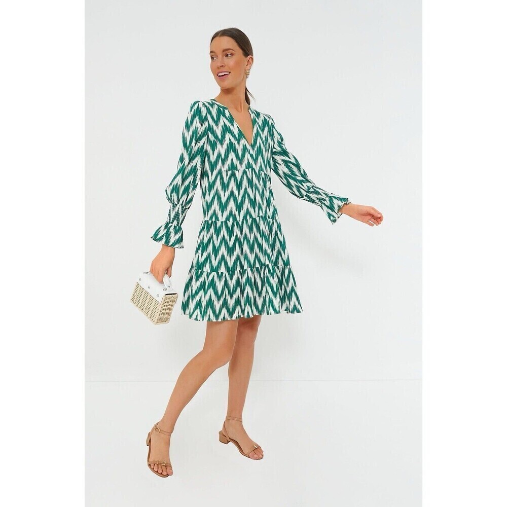Pomander Place Tuckernuck Green Ikat Kenzo Dress Tiered Bell Sleeve Zig Zag XXXL